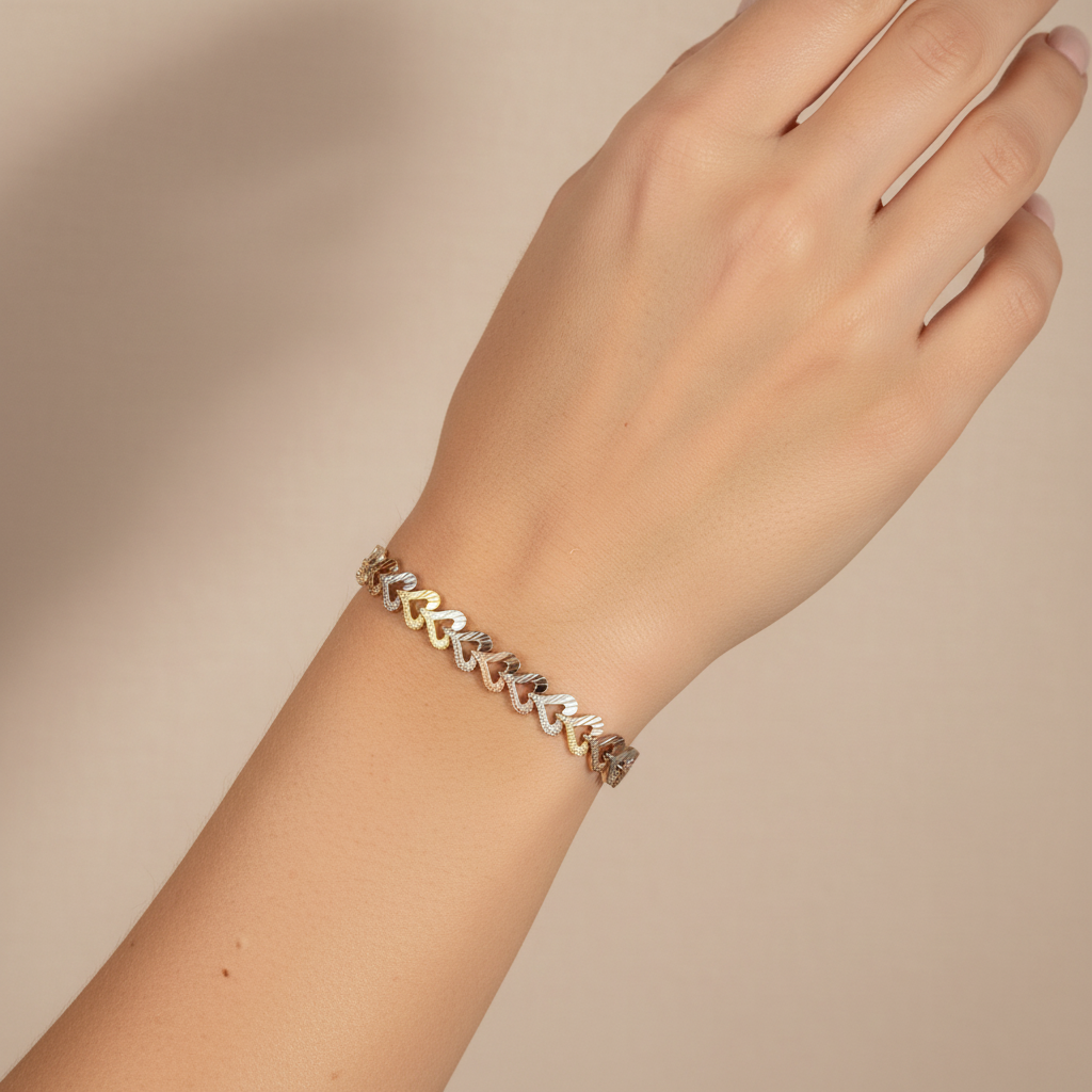 10K Three-Color Gold Diamond-Cut Heart Bracelet – 7.8MM