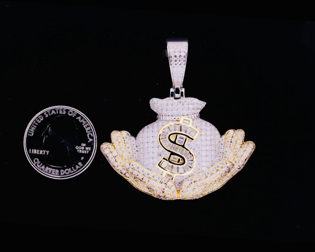 Sterling Silver VVS Moissanite Money Bag Pendant - Two Tone
