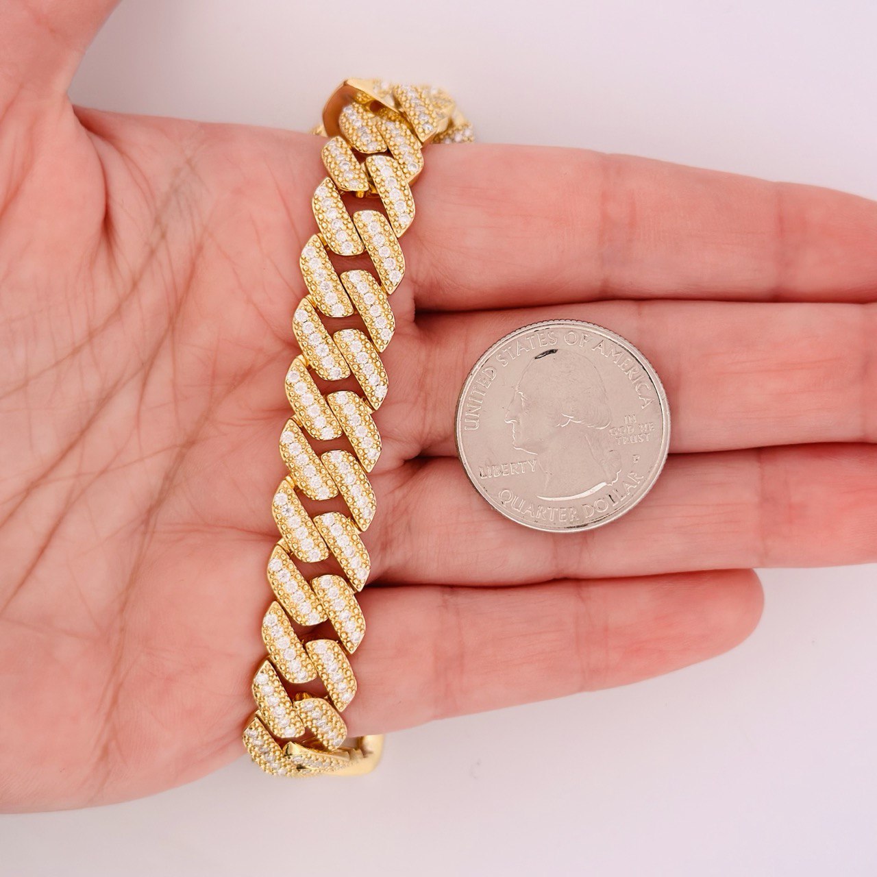 Sterling Silver Solid Miami Cuban Link Chain with VVS Moissanite Stones, Yellow Gold Color