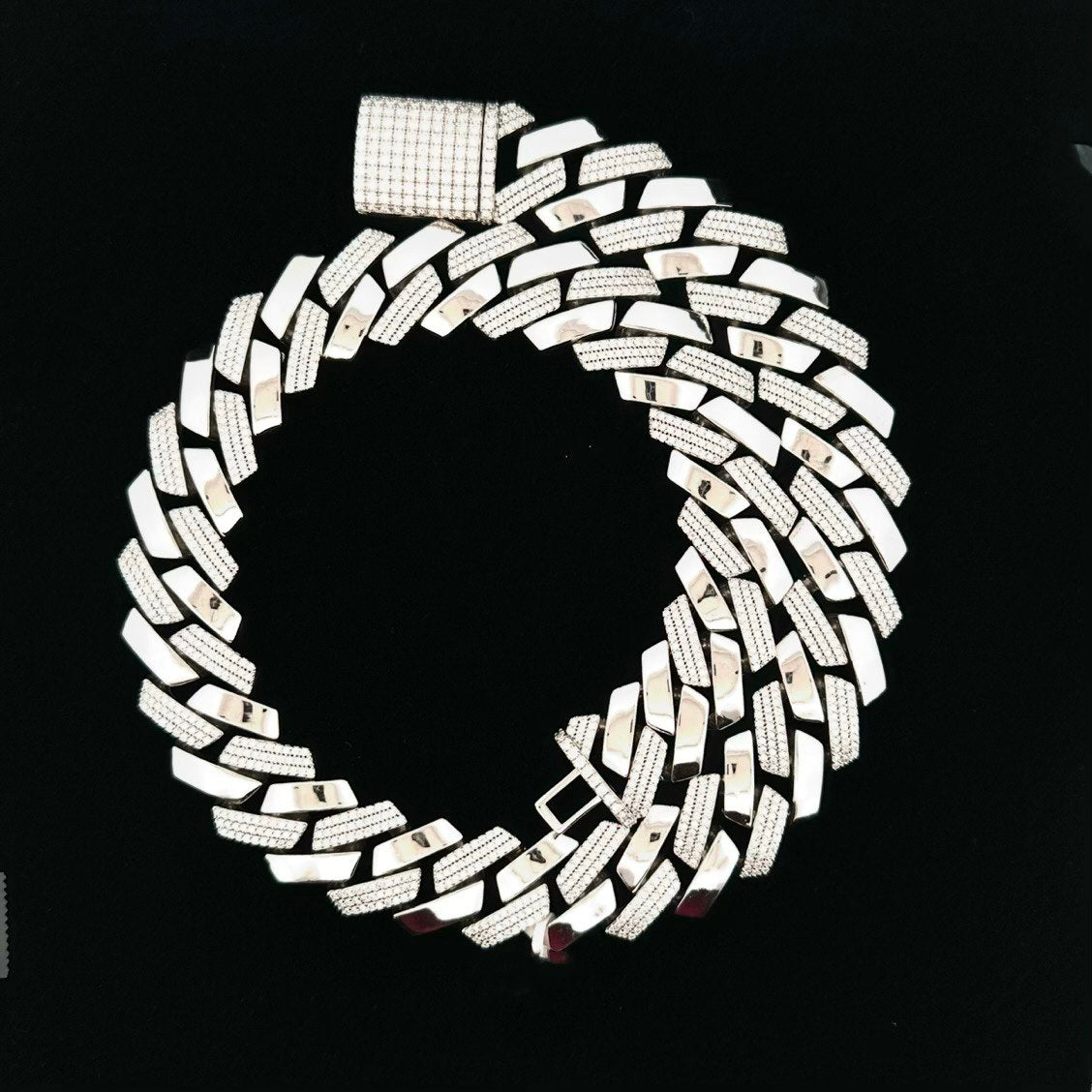 Sterling Silver Solid Miami Cuban Link Chain with VVS Moissanite Stones - 1