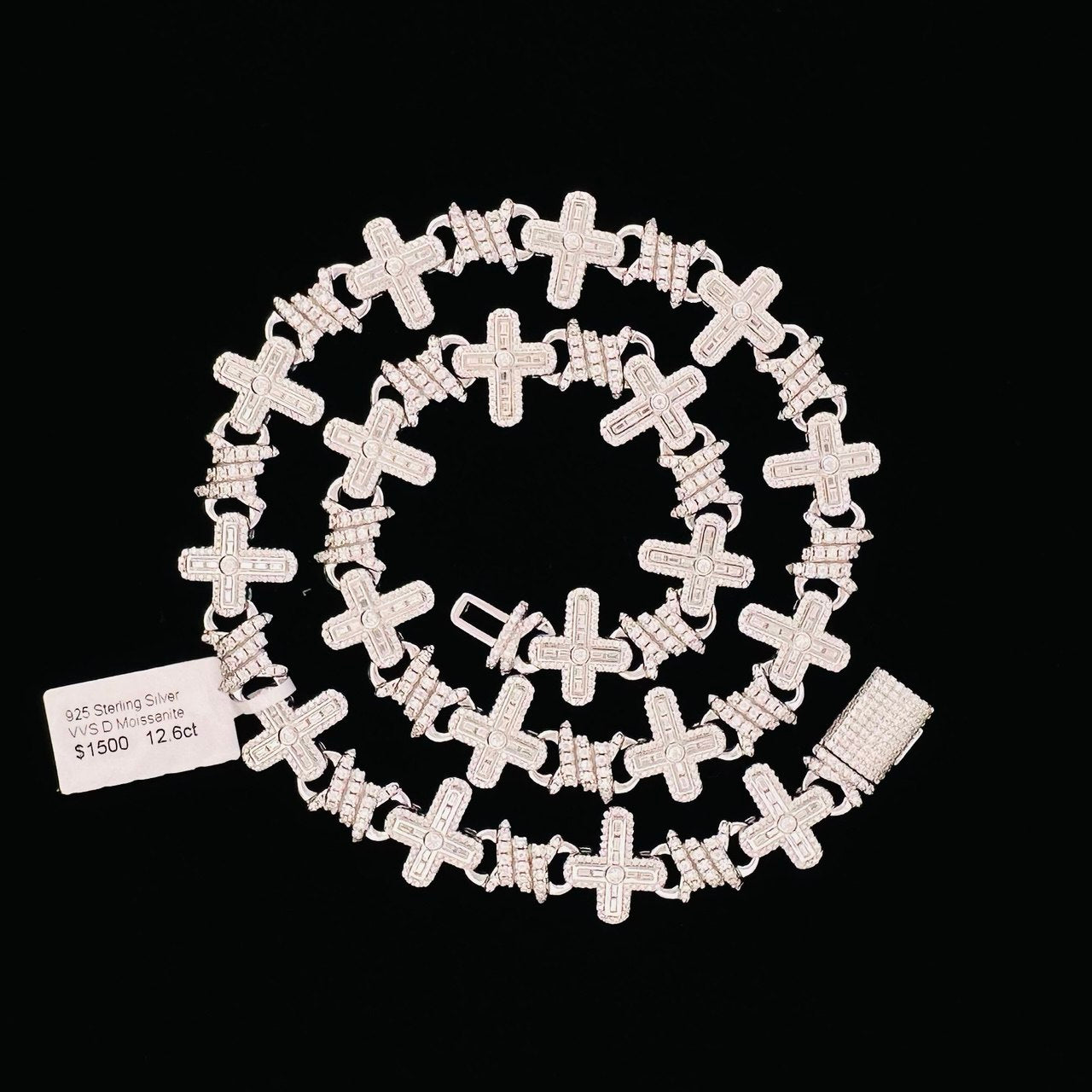 Sterling Silver Solid Cross Chain Necklace with VVS Moissanite Stones