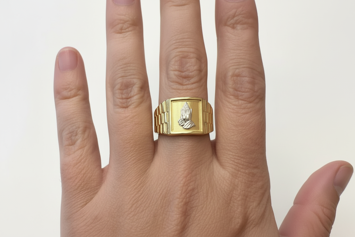 Mens Praying Hands Gold Ring Hand Model