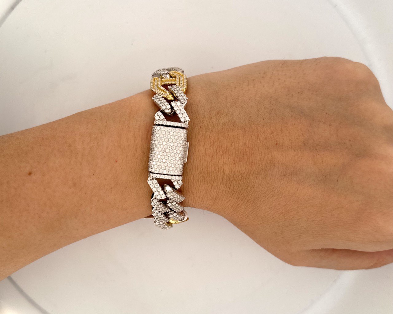 Sterling silver designer bracelet with iced out Cuban links and brilliant VVS moissanite sparkle