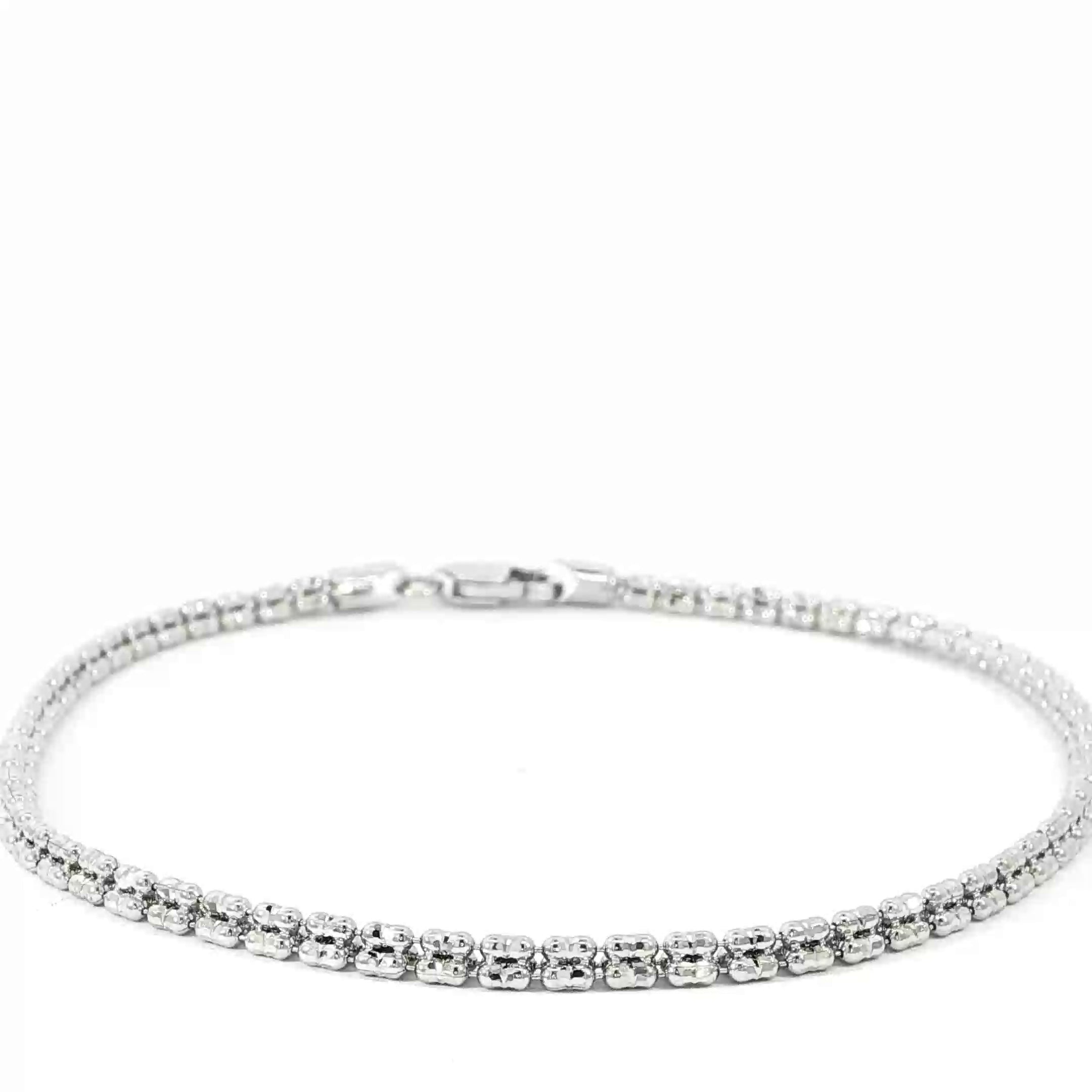 Video of diamond-cut beaded ice bracelet crafted in solid 14K white gold