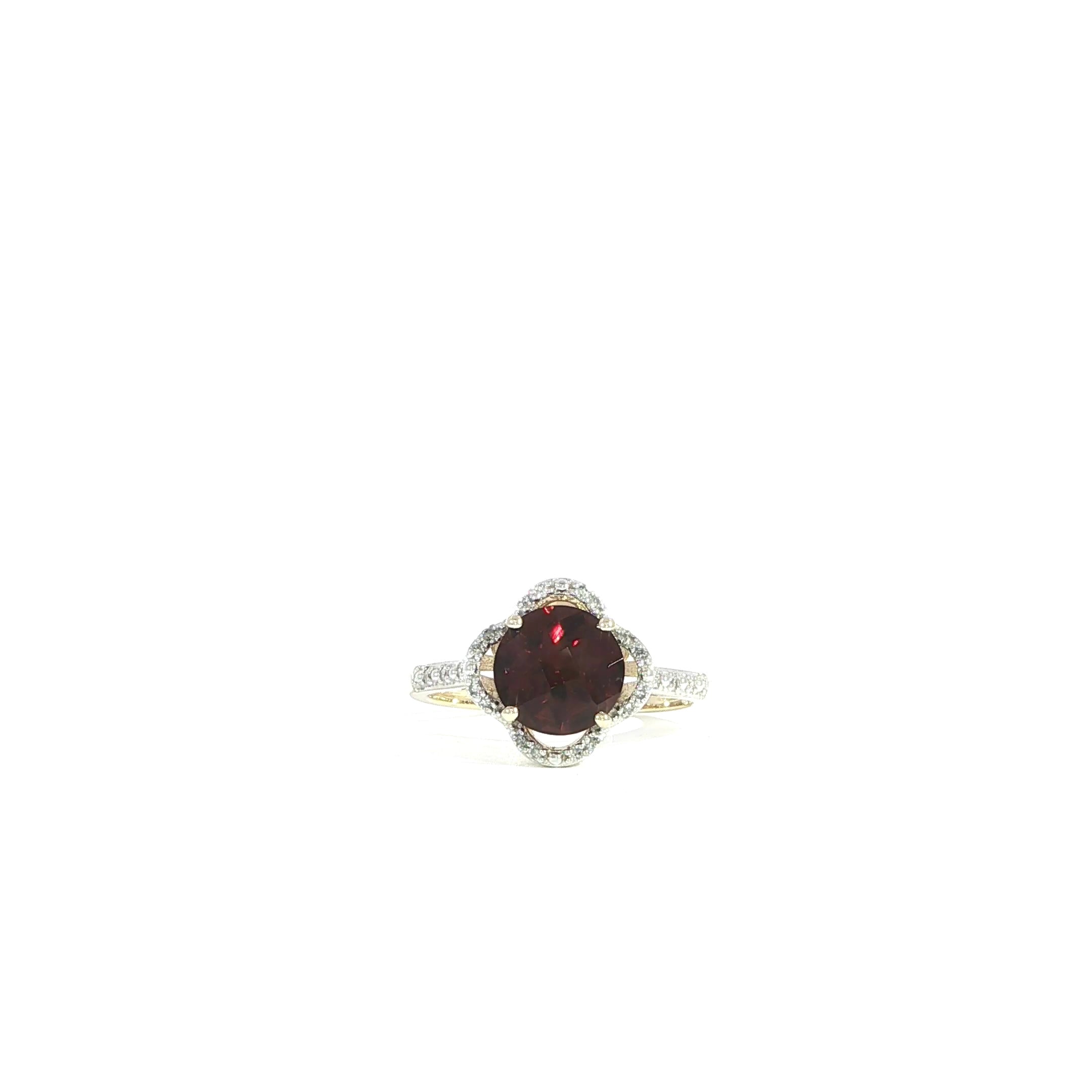 Video of natural red garnet ring with diamond halo