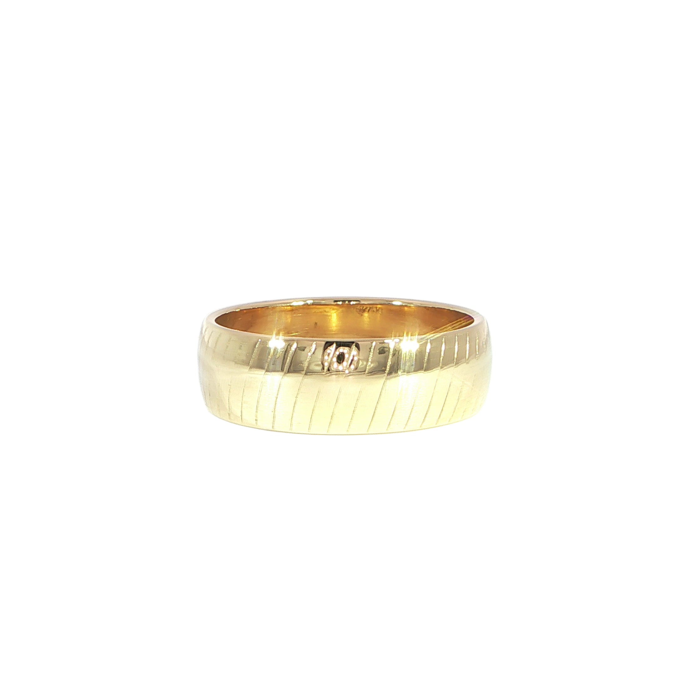 Video of solid 14K yellow gold wedding band with engraved detailing