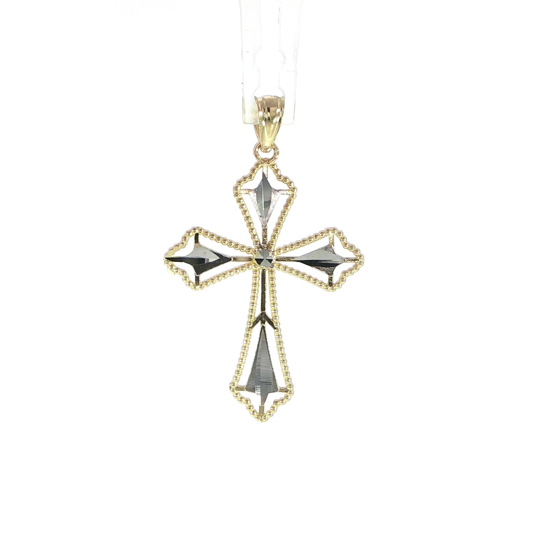 14K gold religious cross pendant with milgrain border