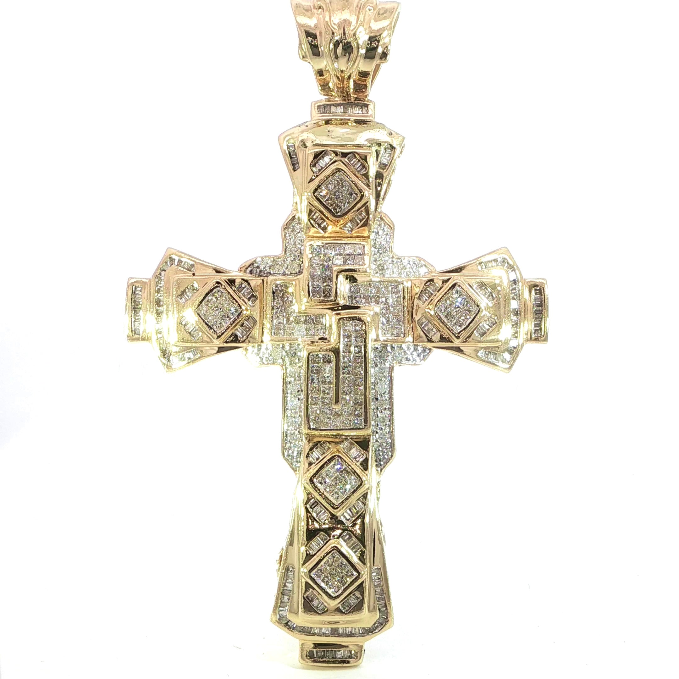 Luxury 14K Gold Natural Diamond Cross with Rounds and Baguettes