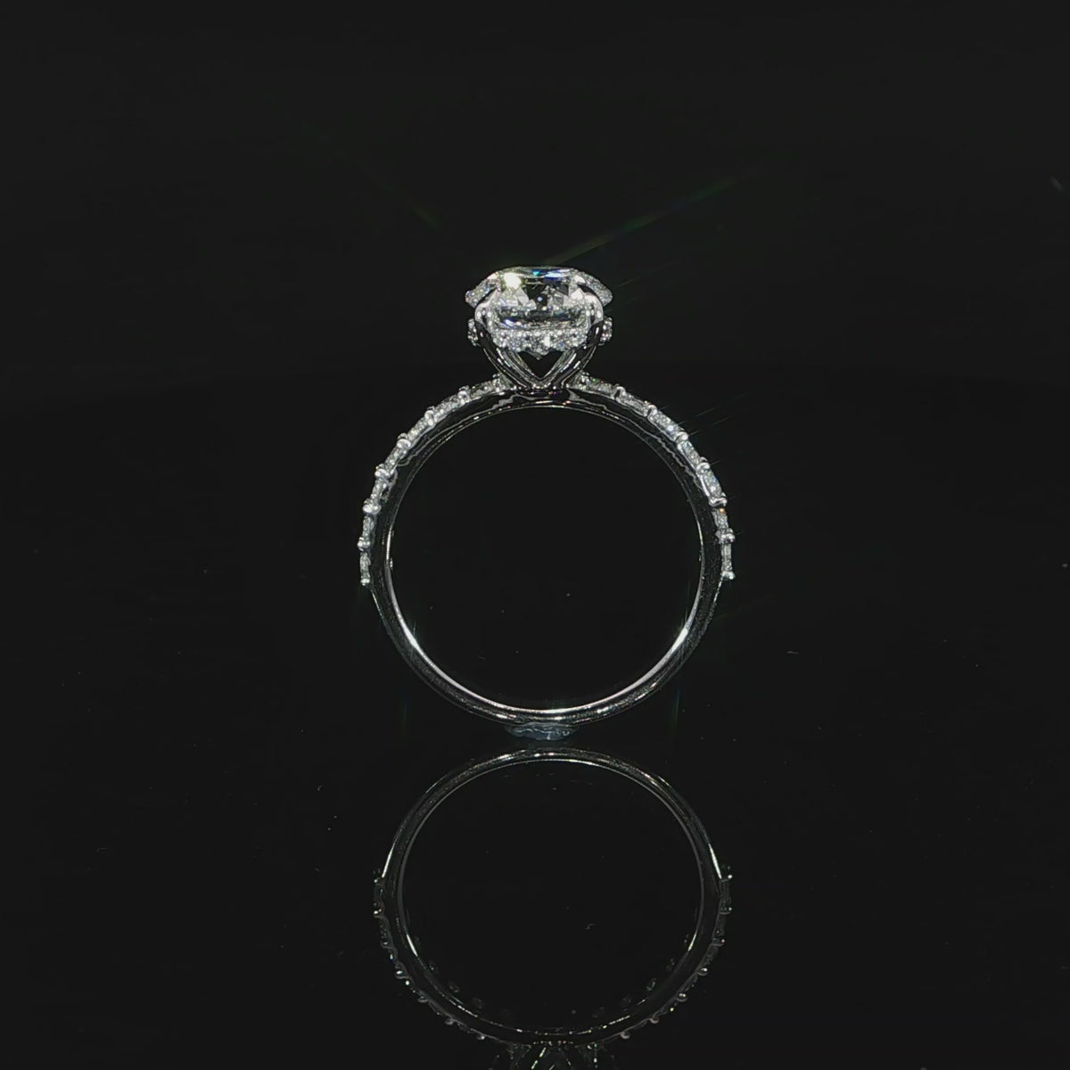 Close video of the diamond-accented white gold band supporting the round center stone.