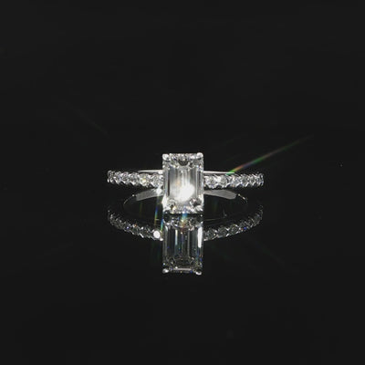 Horizontal video of 1.13-carat emerald-cut center and pave diamond shank.