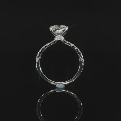 Gallery view of princess cut lab grown diamond engagement ring highlighting the elevated center setting and hidden halo.