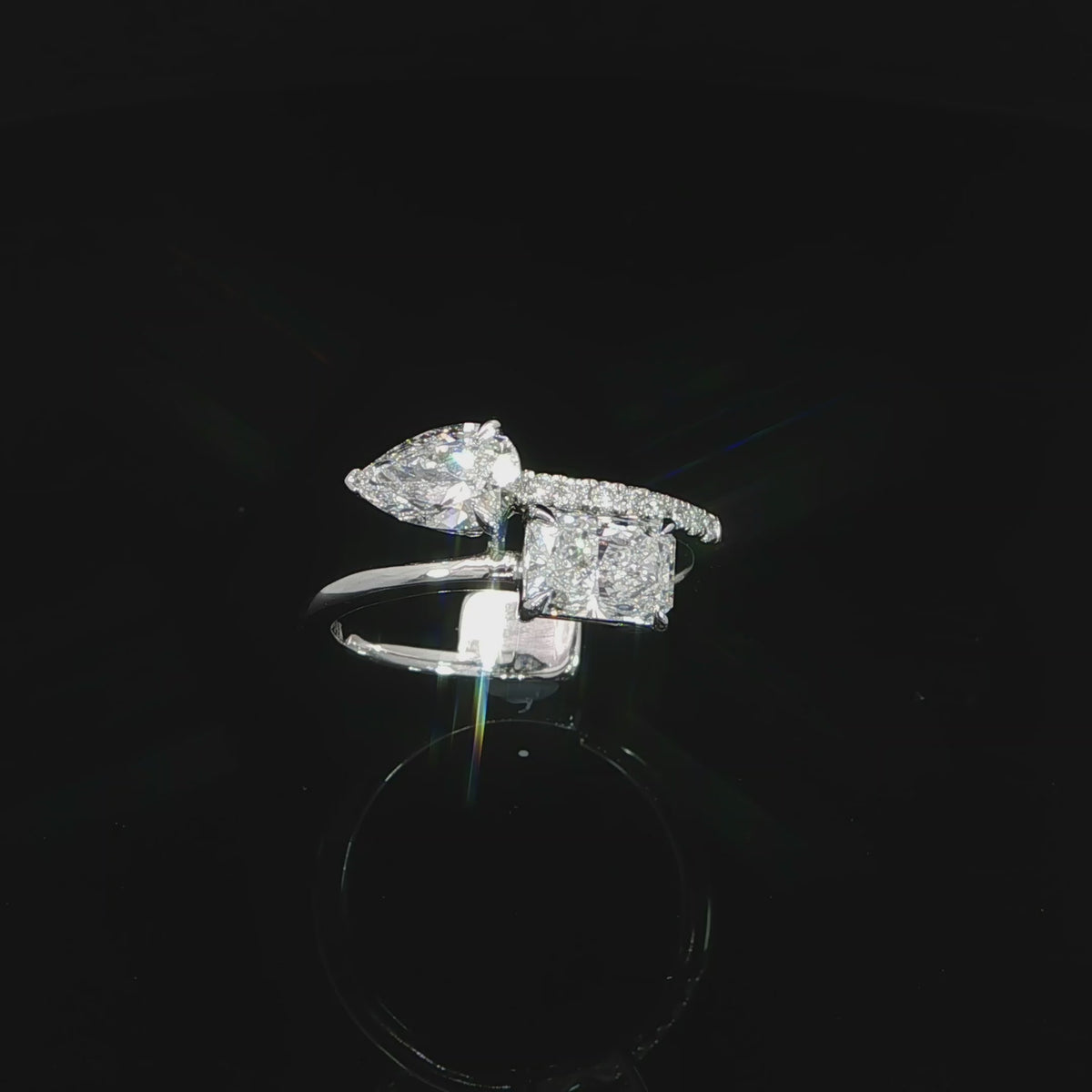 Modern 14K gold Toi et Moi engagement ring with two contrasting lab grown diamond shapes.
