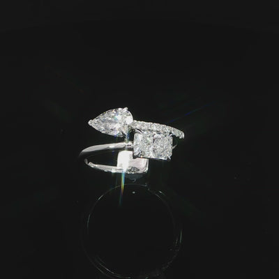 Modern 14K gold Toi et Moi engagement ring with two contrasting lab grown diamond shapes.