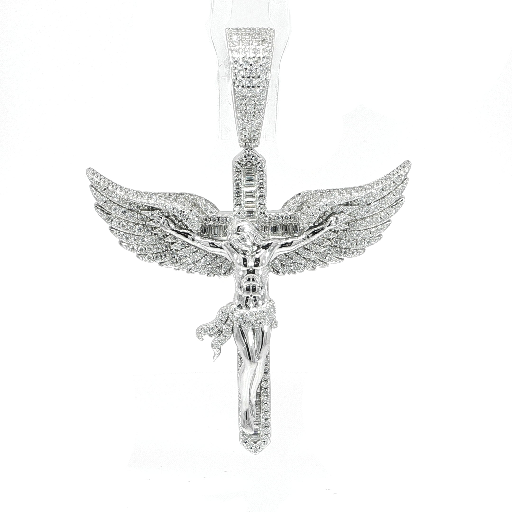 Beautiful Silver Crucifix with Wings Moissanite Pendant