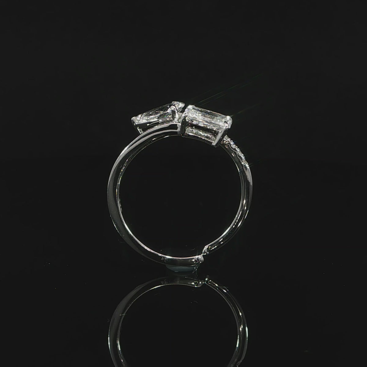 14K white gold Toi et Moi engagement ring with F-G color VS-VVS lab grown radiant and pear diamonds.