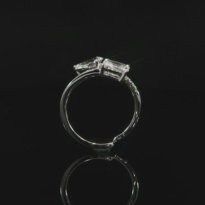 14K white gold Toi et Moi engagement ring with F-G color VS-VVS lab grown radiant and pear diamonds.