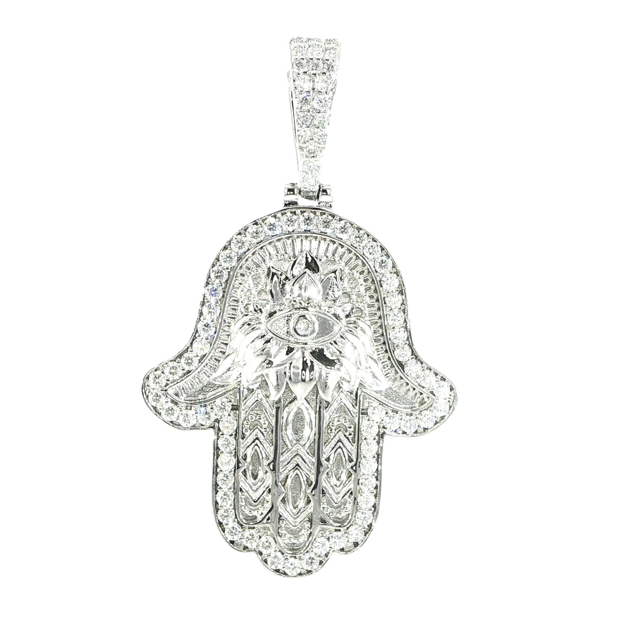 Sterling Silver VVS Moissanite Hamsa Evil Eye Hand Pendant