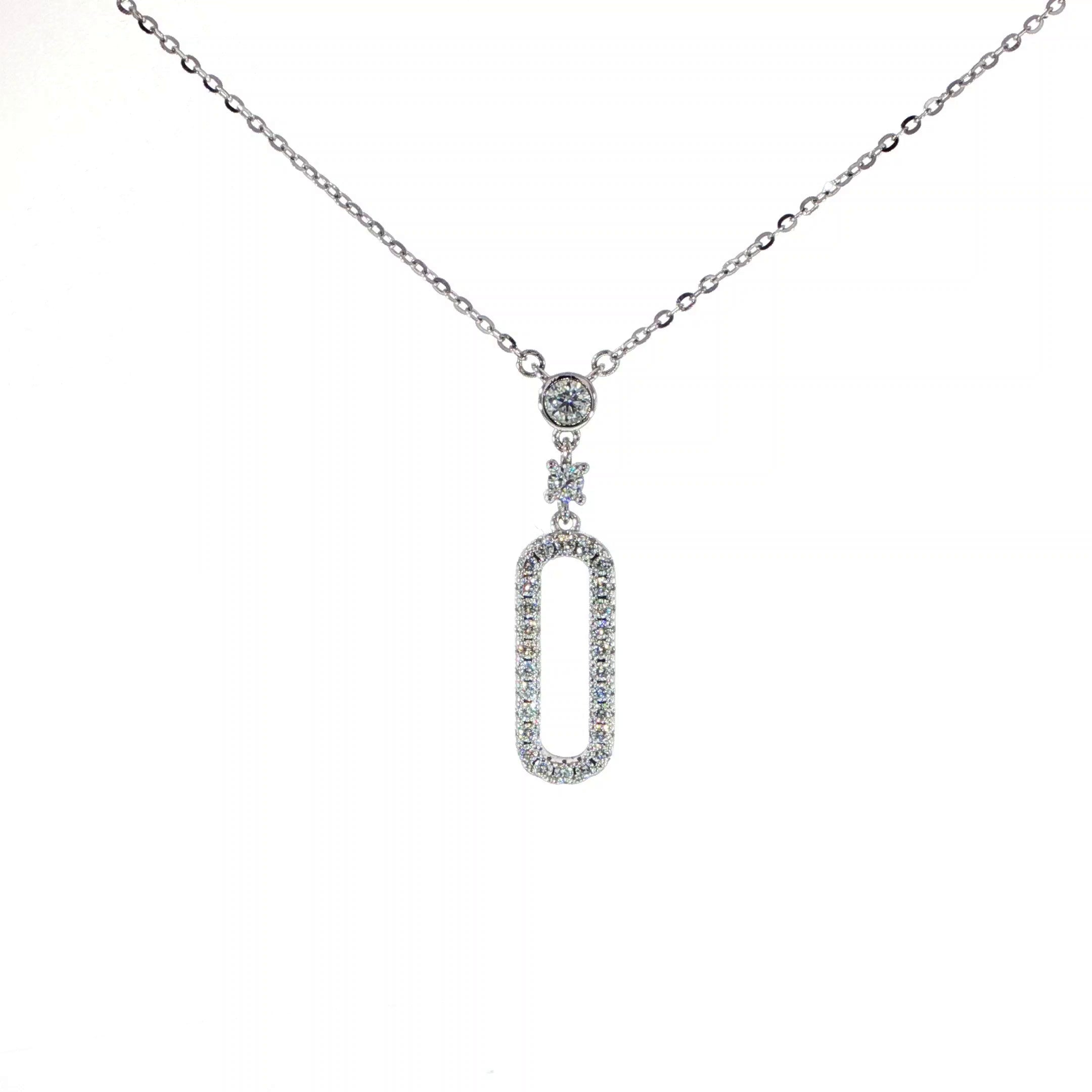 Silver Moissanite Drop Paperclip Design on Cable Chain.