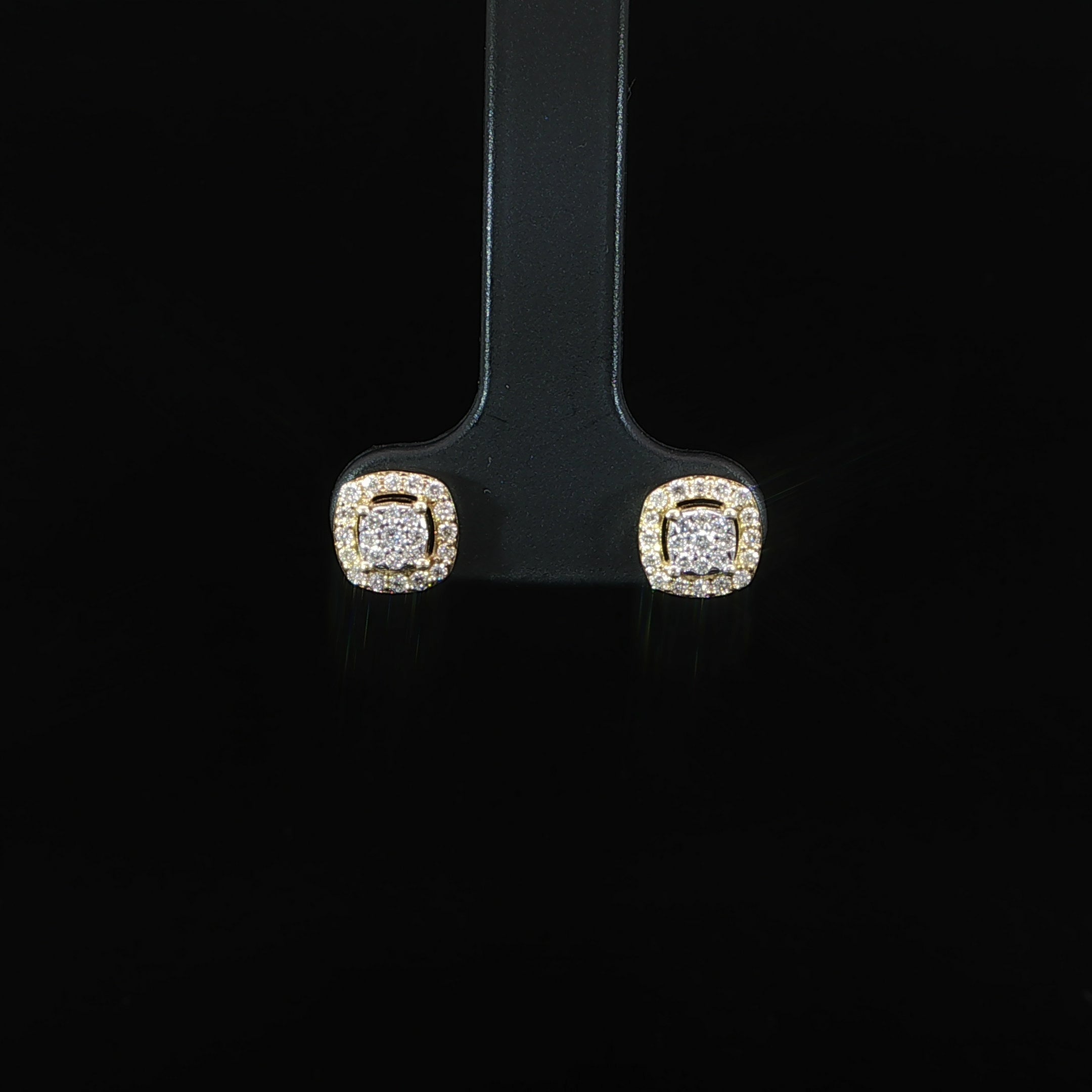 10K yellow gold square diamond cluster earrings with cushion-shaped halos