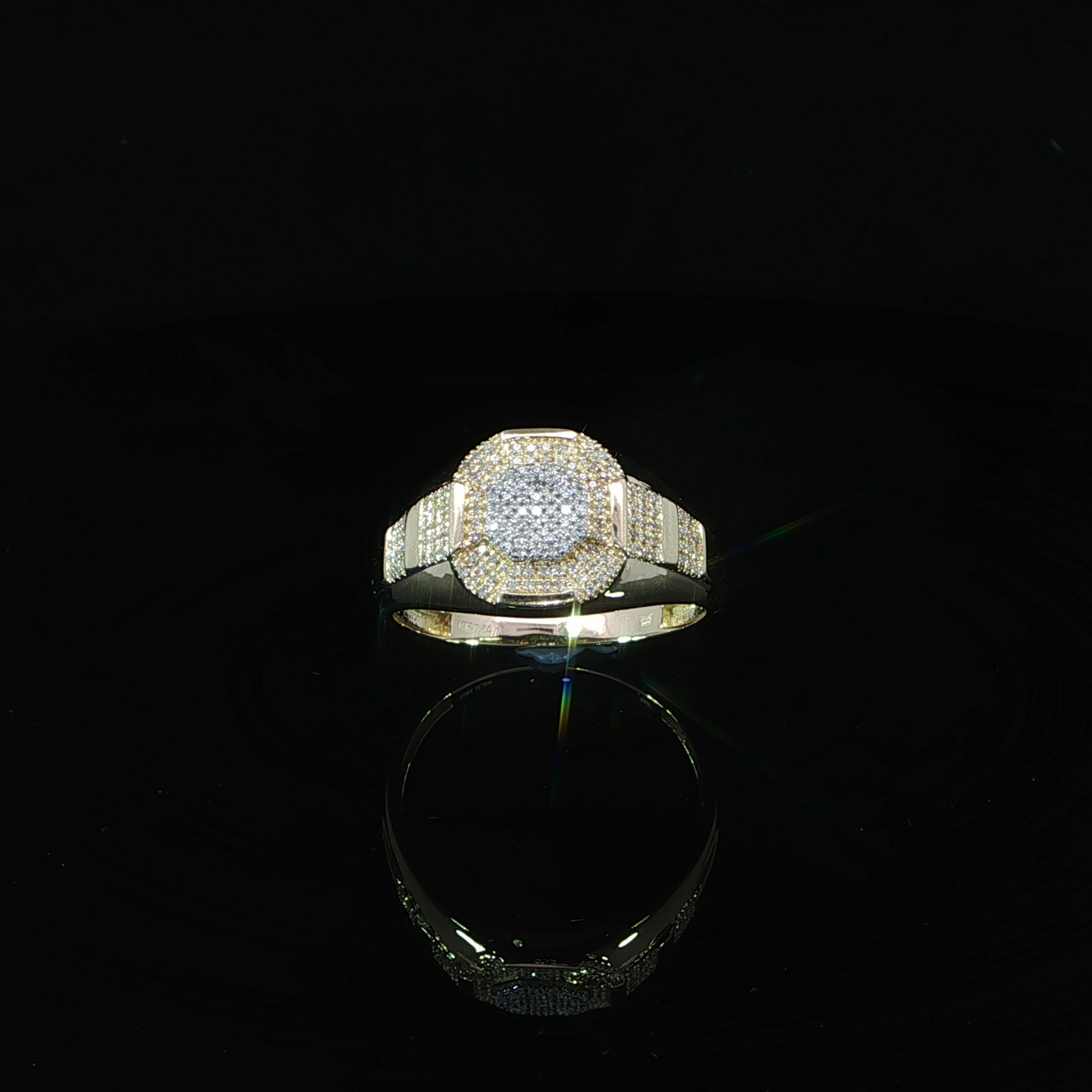 Wide men's yellow gold signet ring with diamond cluster and accented shoulders