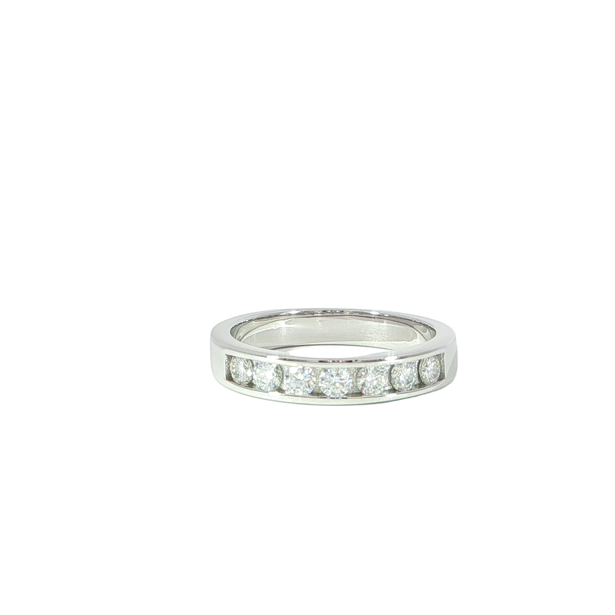 Video silver 7-stone channel set band with VVS moissanite