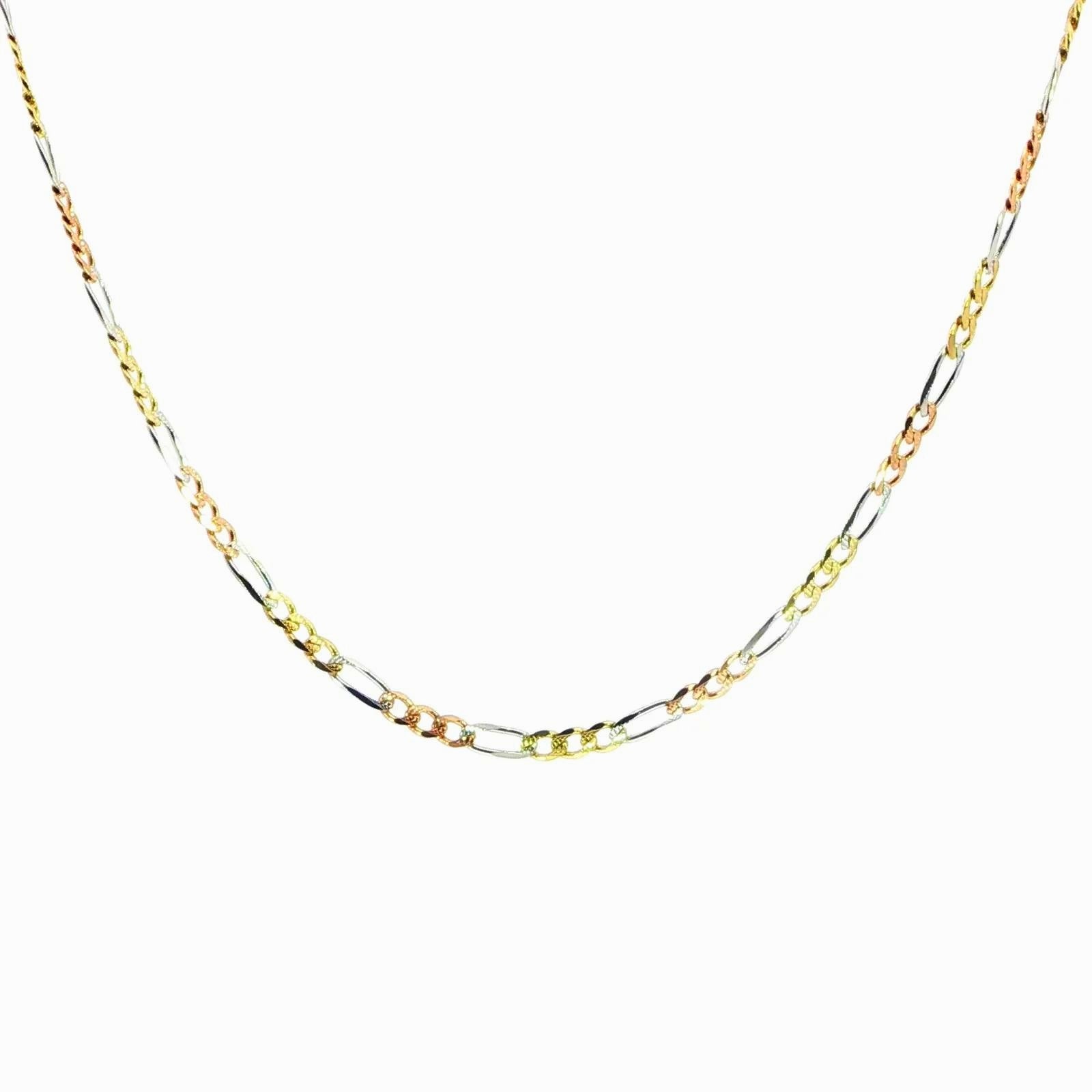 Classic 14K Gold Tri-Color Figaro Chain Necklace With Diamond-Cut Links