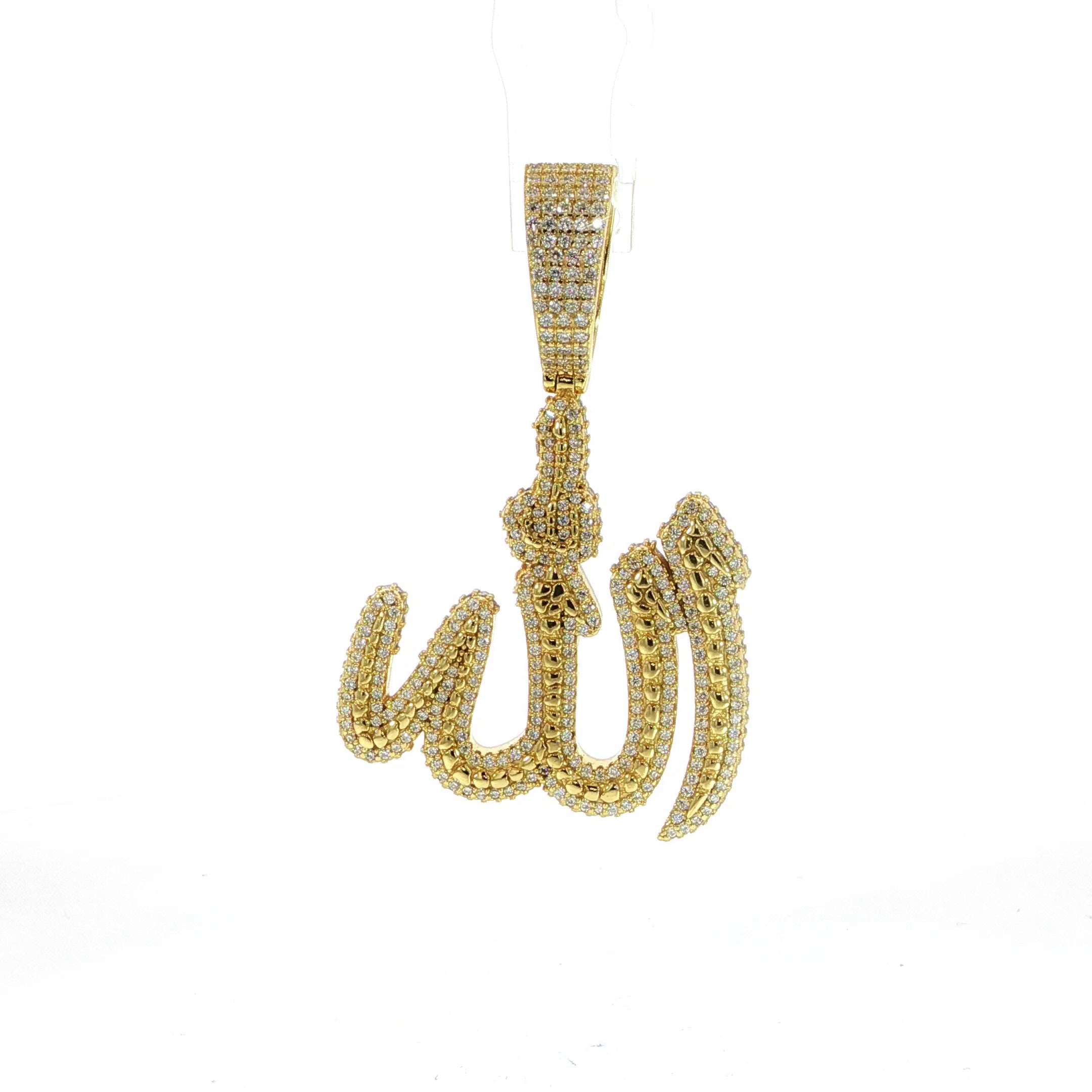 Sterling silver gold color Allah pendant featuring premium moissanite stones video
