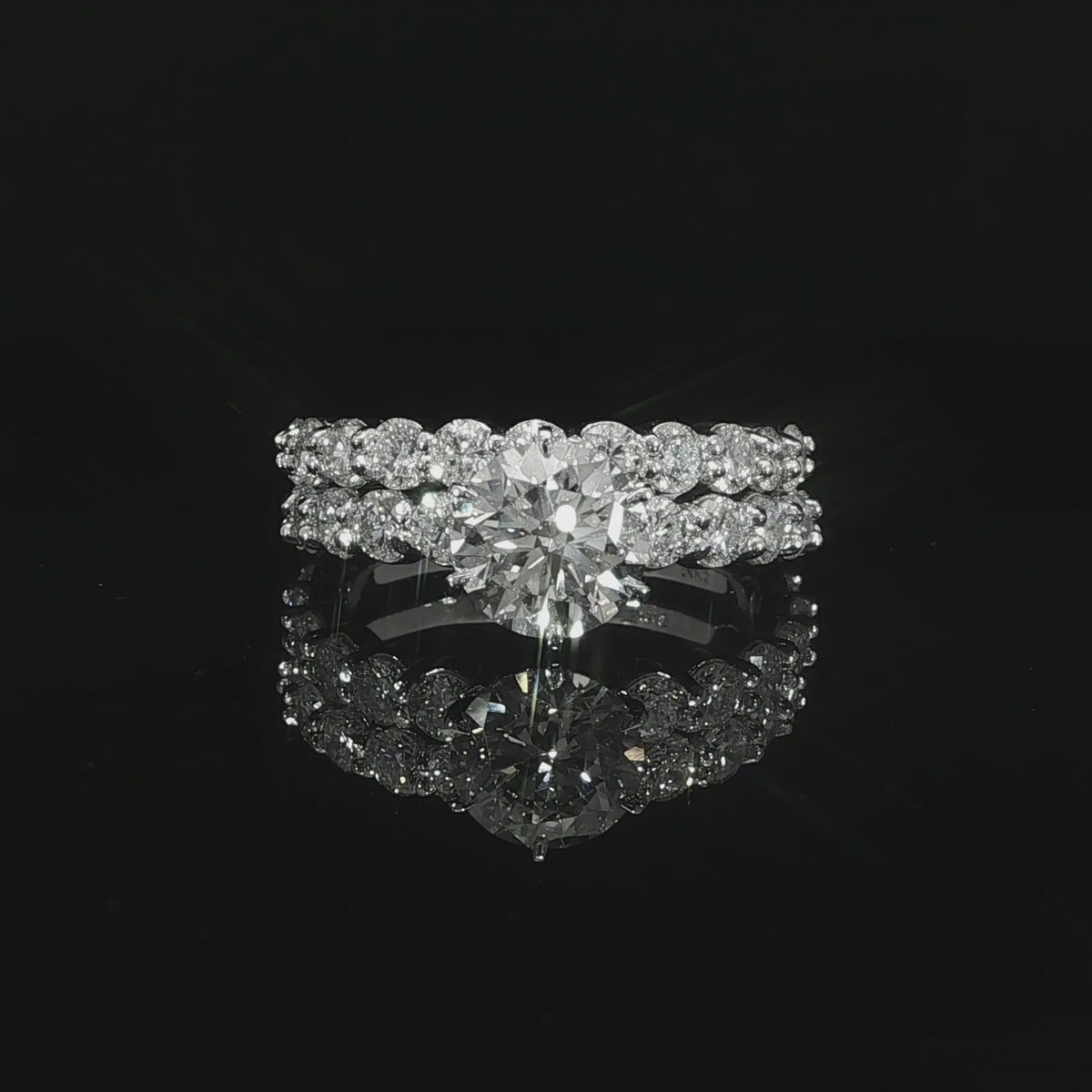 Round lab grown diamond engagement and wedding rings stacked