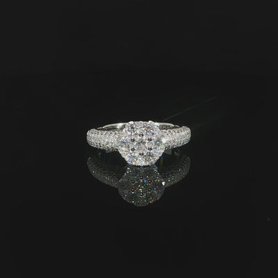 Sterling silver cluster ring set with 1.59 total carats of VVS moissanite.
