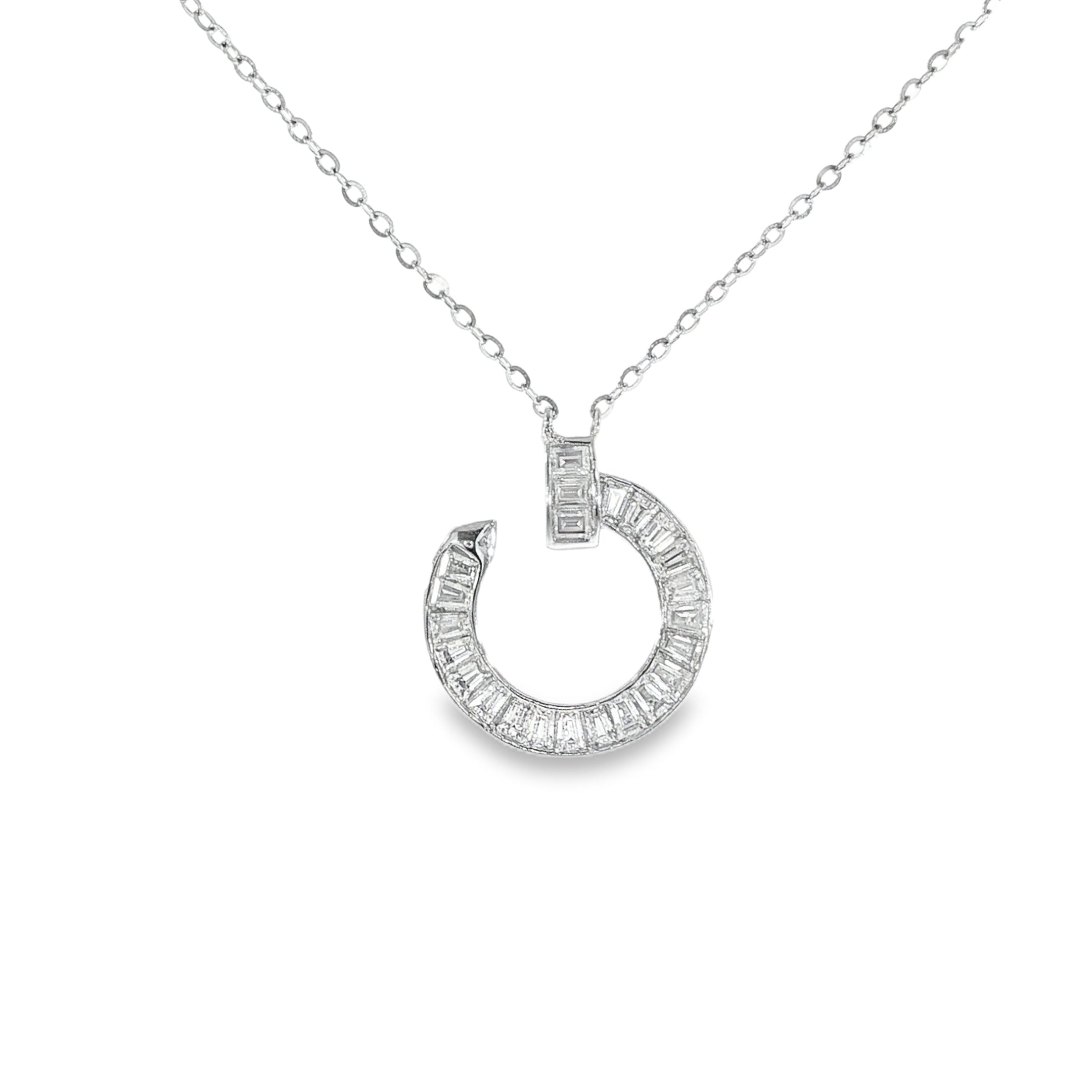 Contemporary sterling silver necklace with baguette-cut moissanite accents.