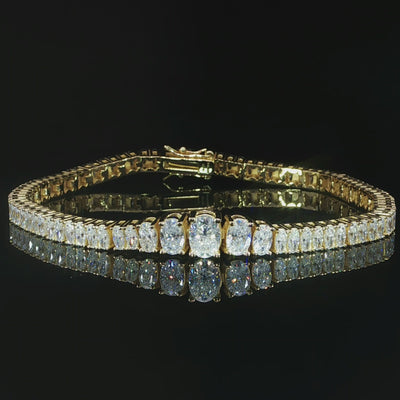Video of sterling silver gold plated VVS moissanite graduated oval tennis bracelet
