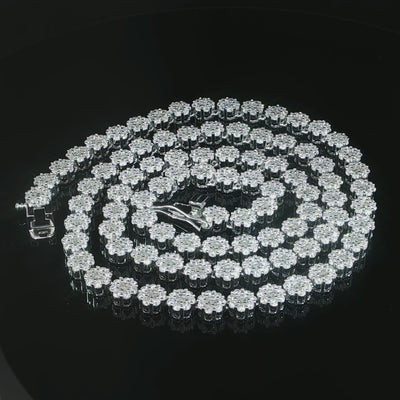 Top down view of a round moissanite cluster tennis chain