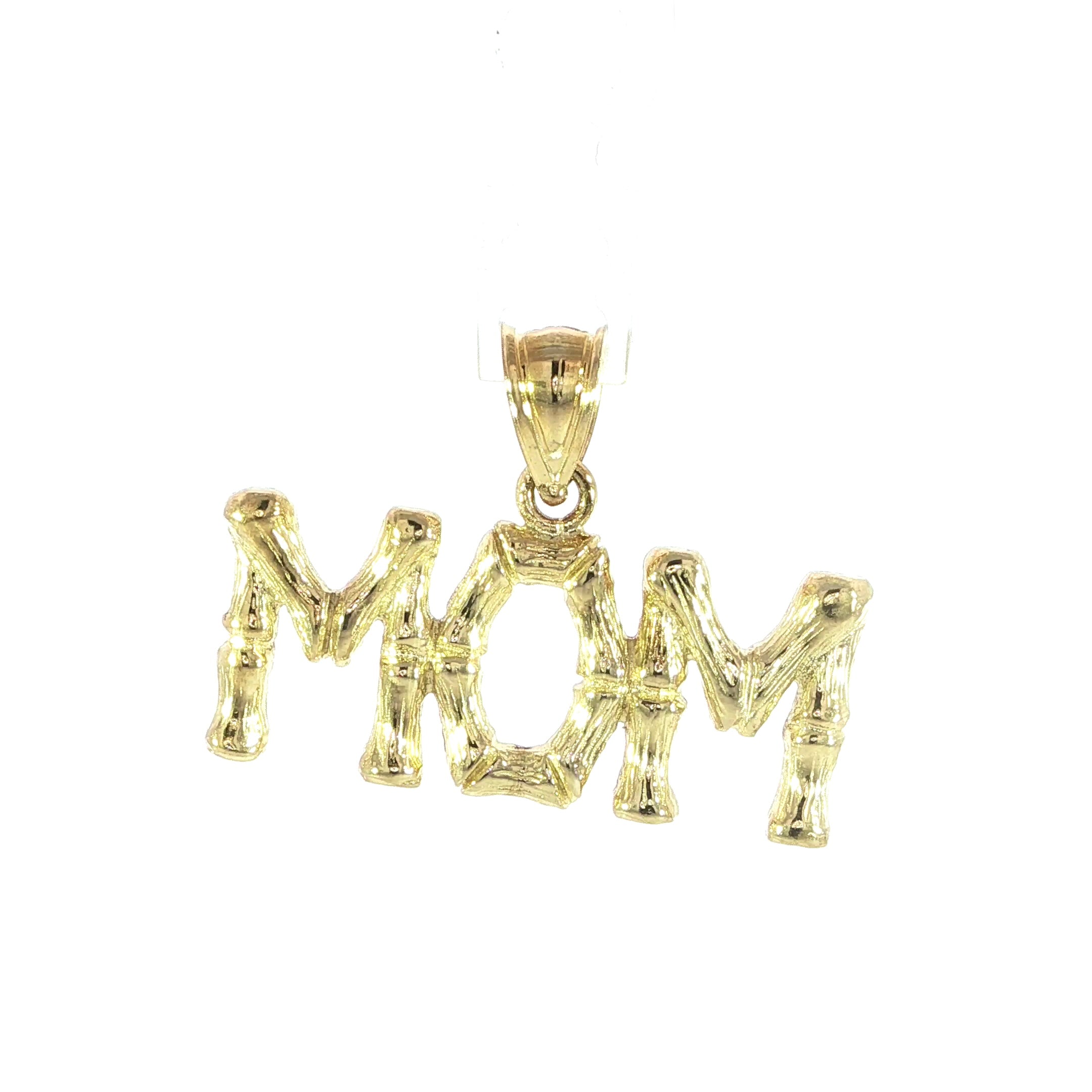 Yellow gold MOM necklace pendant with dimensional lettering