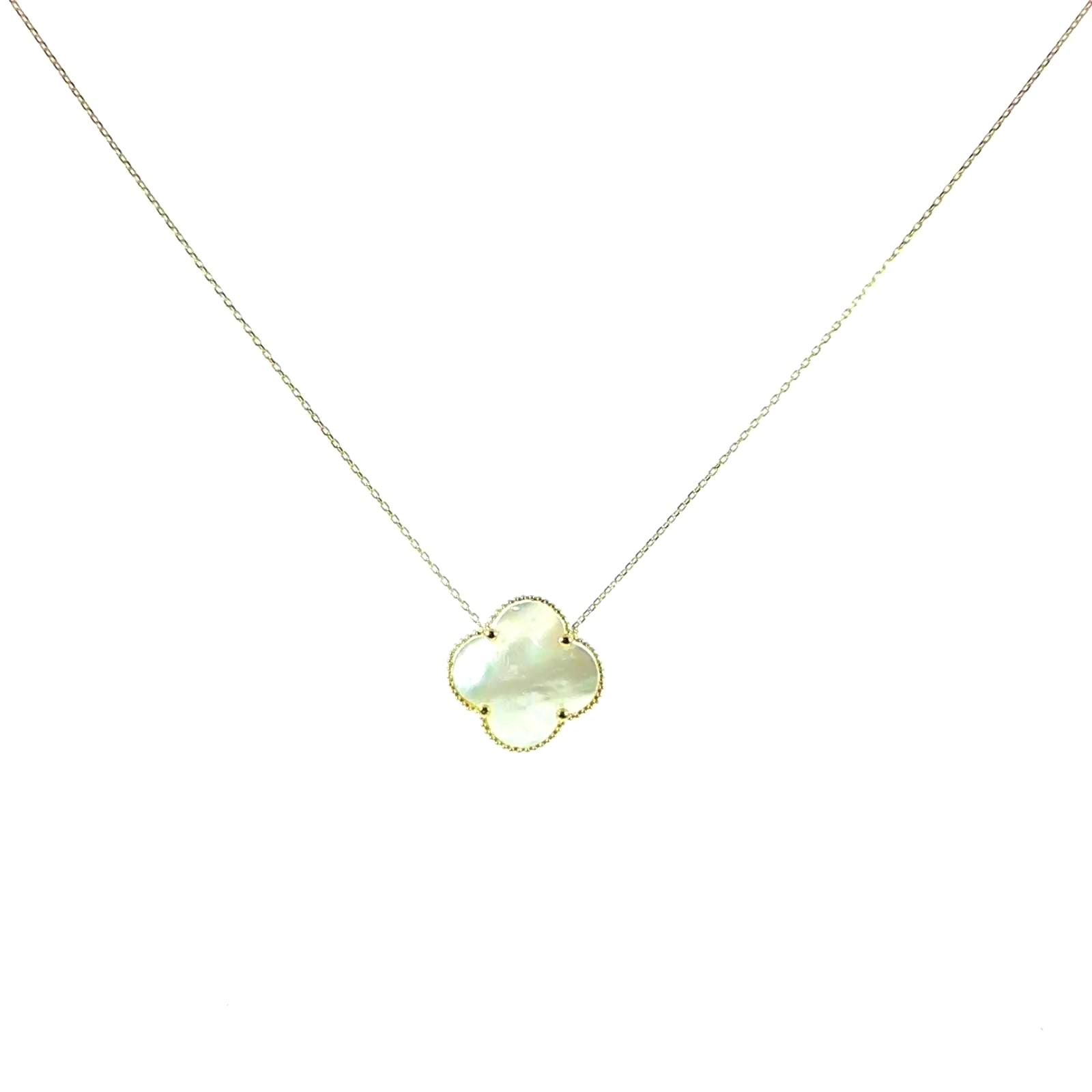 14K gold clover necklace featuring Mother of Pearl
