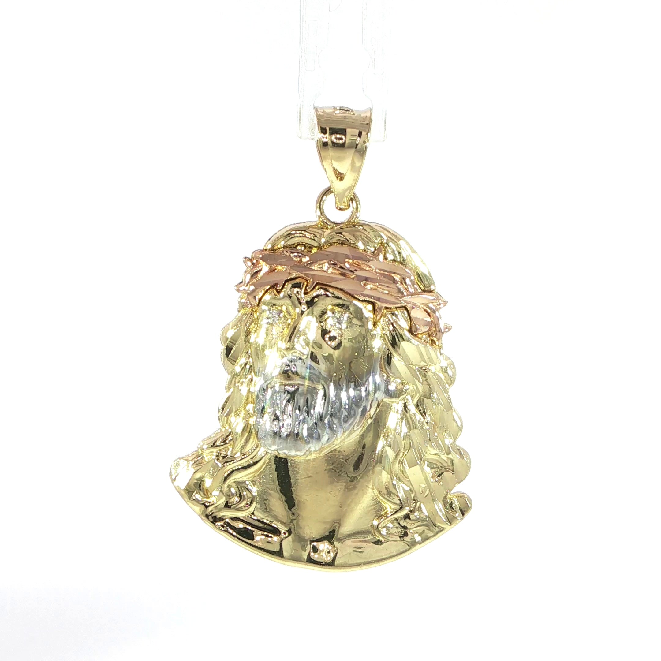 14K gold Christ head pendant with rose gold crown detailing and diamond eyes