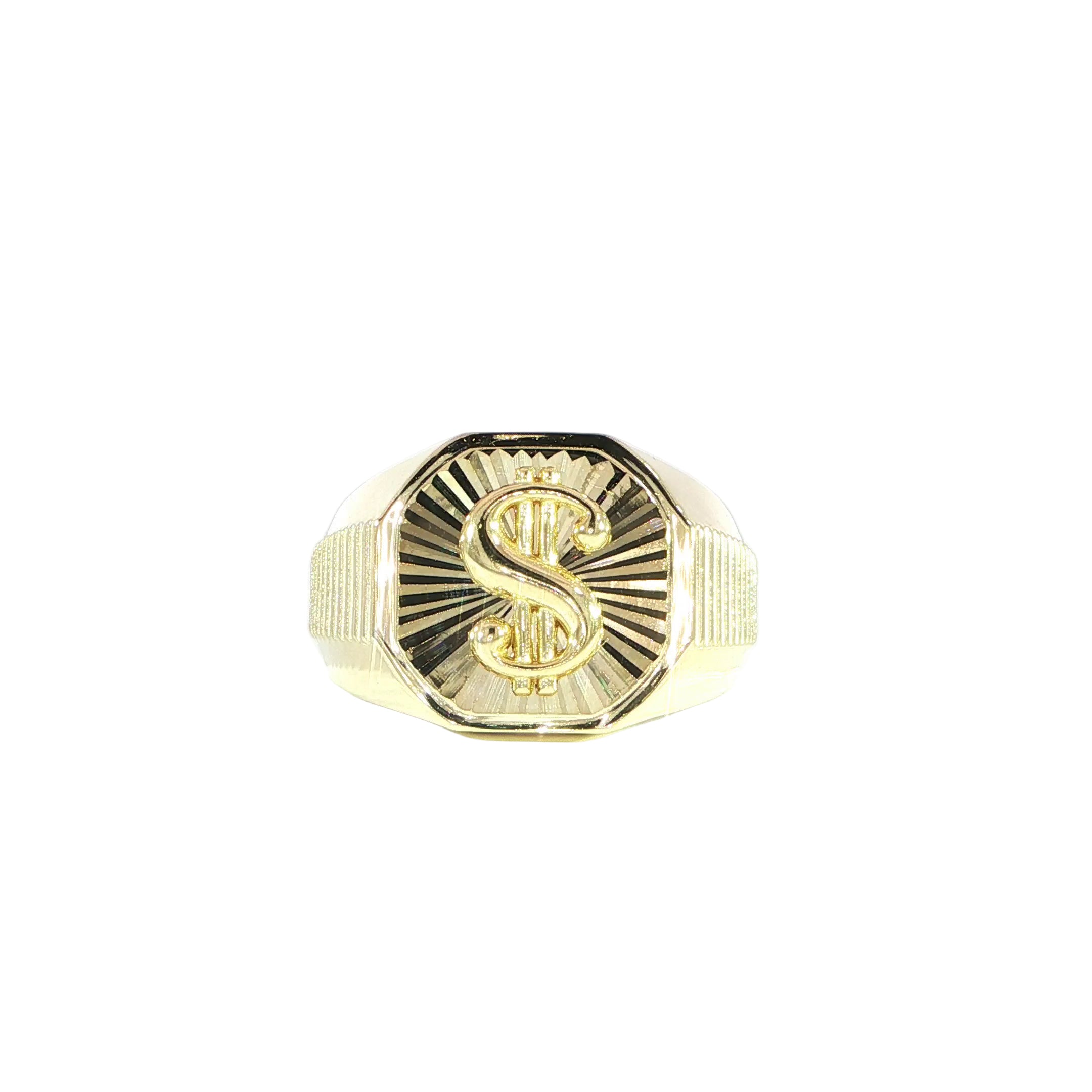 Video of men’s luxury dollar sign ring in solid 14K yellow gold