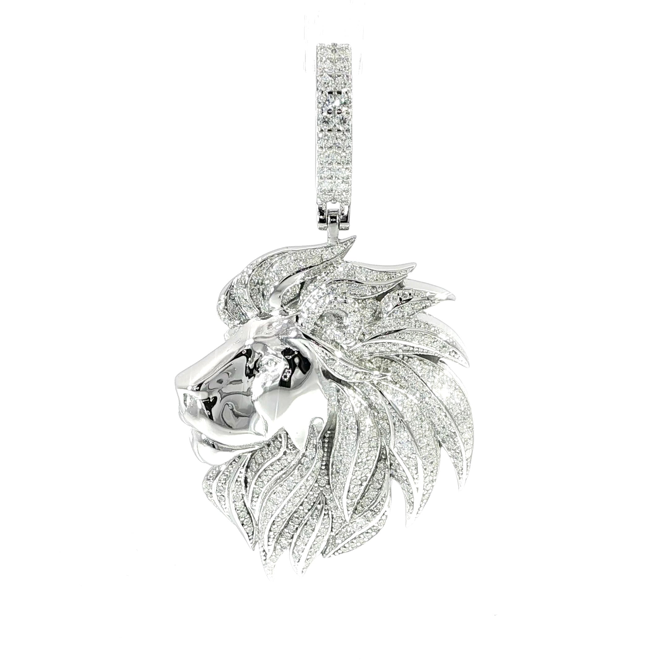 Three-dimensional lion head necklace pendant in sterling silver.