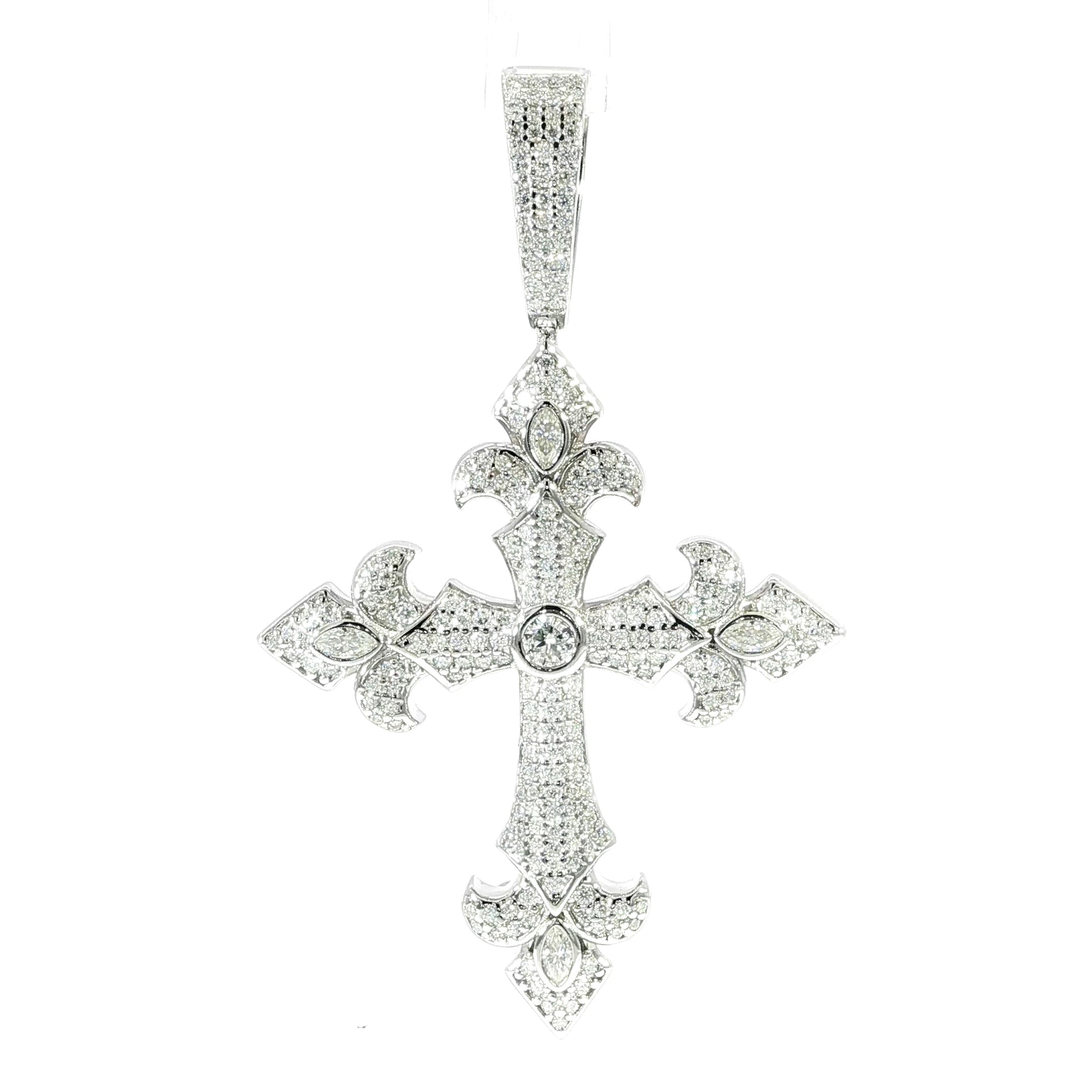 Luxury iced cross pendant with intricate fleur-de-lis detailing.