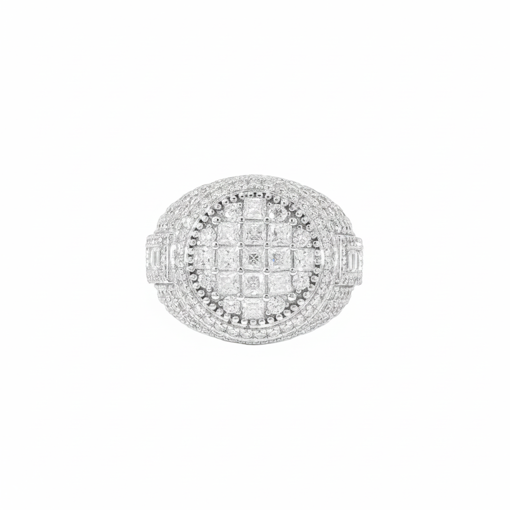 Video of iced-out sterling silver moissanite statement ring with cluster center