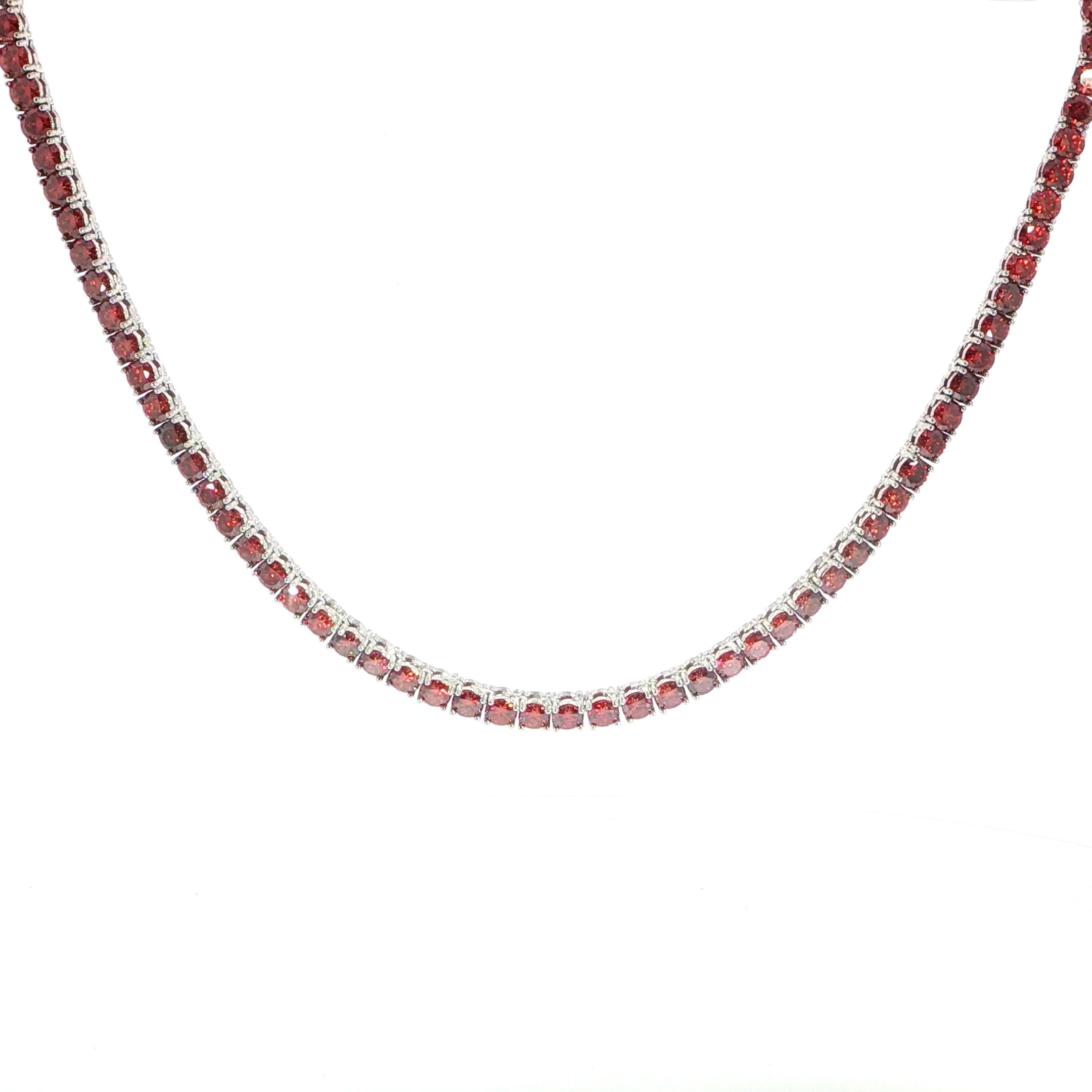 Sterling Silver Red Moissanite Tennis Chain Necklace With VVS Moissanite Sparkle.