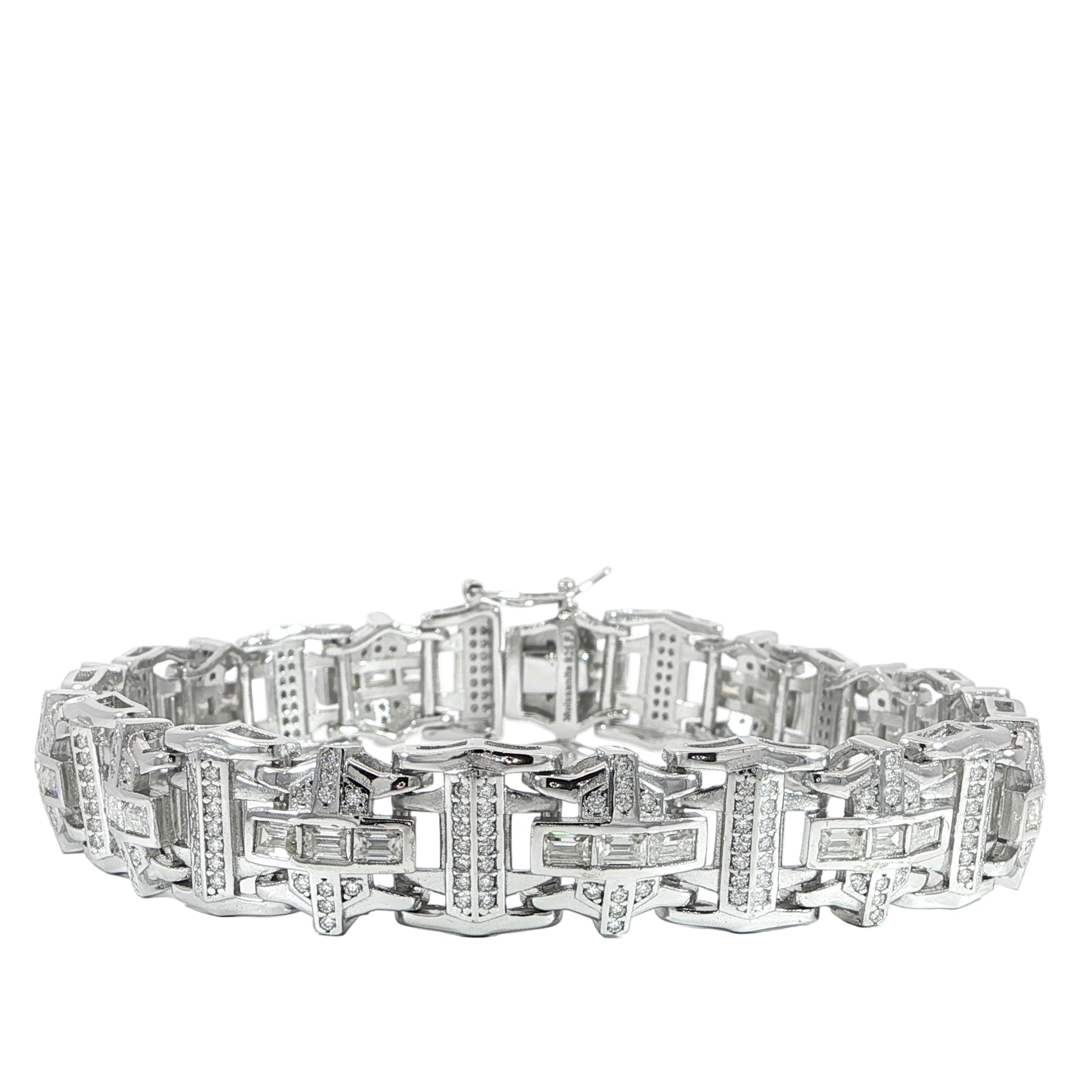 Video of luxury men's moissanite bracelet with baguette and pavé stones in sterling silver