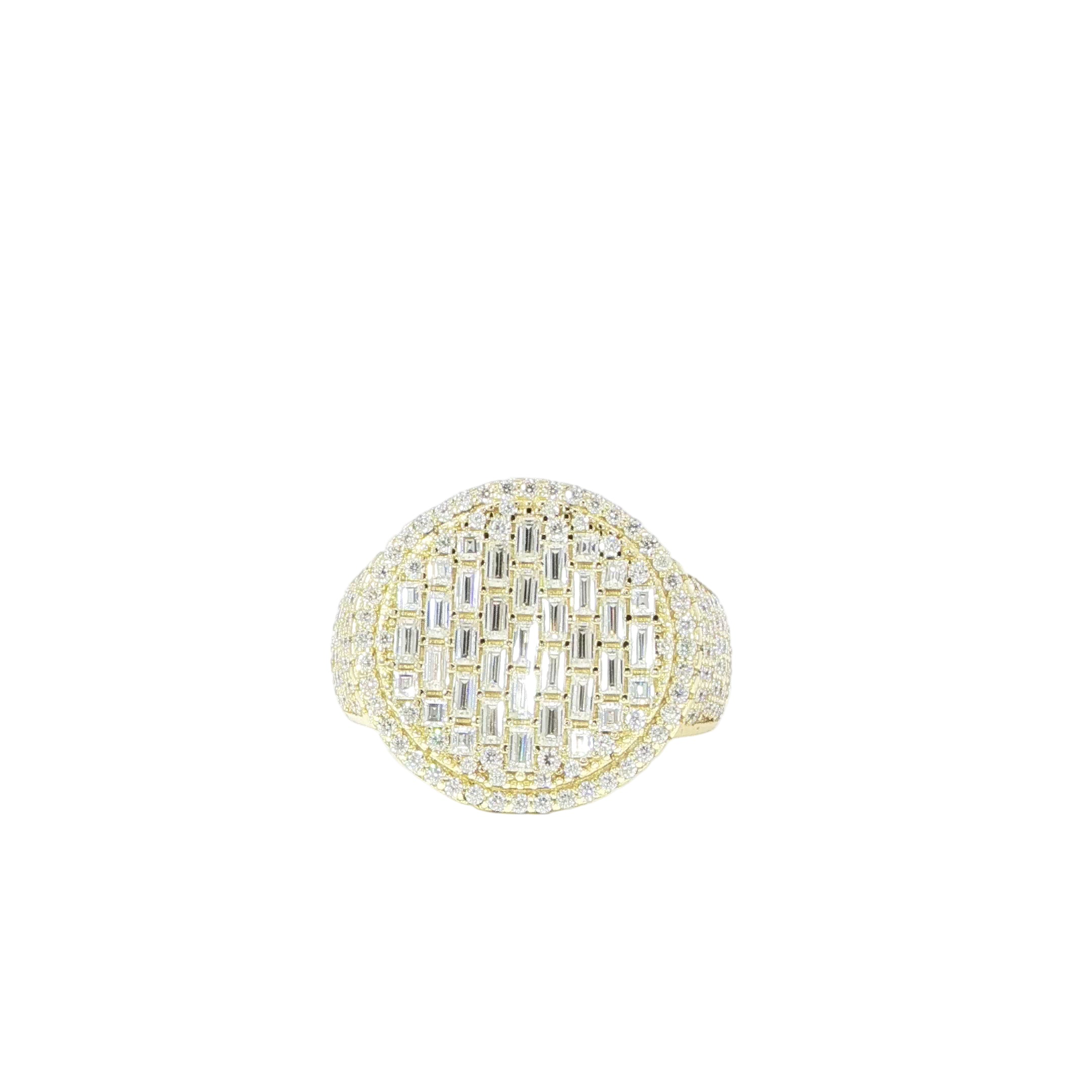 Video of gold plated silver round cluster ring with baguette VVS moissanites