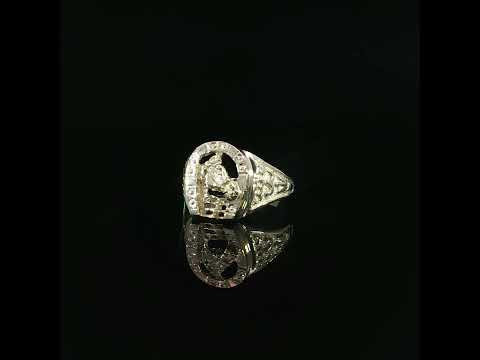 A 14mm horseshoe signet ring in 14K yellow gold with a sculpted horse head and open spaces around the motif.