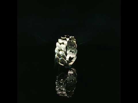 Side profile of a 14K yellow gold Cuban link ring highlighting its raised chain links, open spaces between the links, and smooth interior construction.