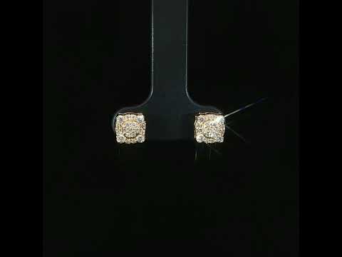 10K yellow gold cluster earrings with round center and cushion halo