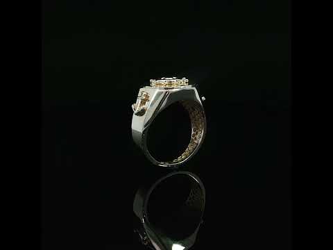 Upright view of a nautical signet ring in 14K yellow gold, highlighting the anchor shoulder and raised wheel setting.