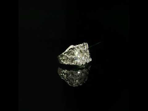 10K yellow gold nugget ring with a 14 mm wide top and tapered shoulders.