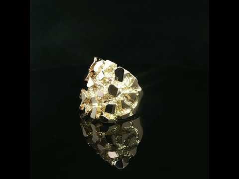 Textured 14K yellow gold nugget ring with smooth reflective accents rising above rough gold recesses.