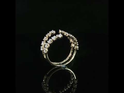 Upright view of a 14K yellow gold ring guard with two curved rows of round diamonds graduating toward the open ends.