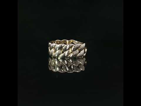 14K yellow gold 8mm Cuban link ring displayed against a glossy black background, highlighting its dimensional chain pattern and mirror-polished finish.